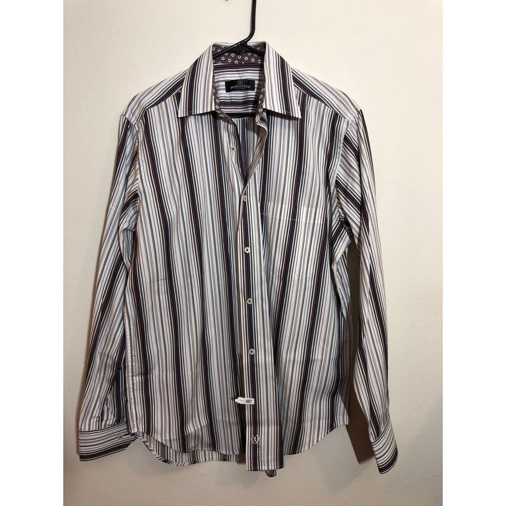 Bugatchi Shirt Mens Sz Medium Purple Striped Flip Cuff Long Sleeve Button Up